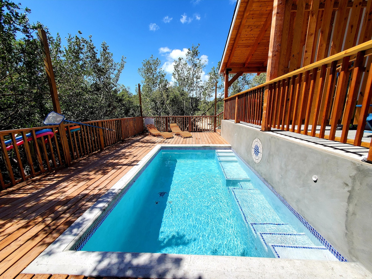 A private pool is set within a wooden deck, surrounded by lush greenery. Lounge chairs are positioned nearby, inviting relaxation. Sunlight reflects off the clear water, creating a serene atmosphere for outdoor enjoyment.