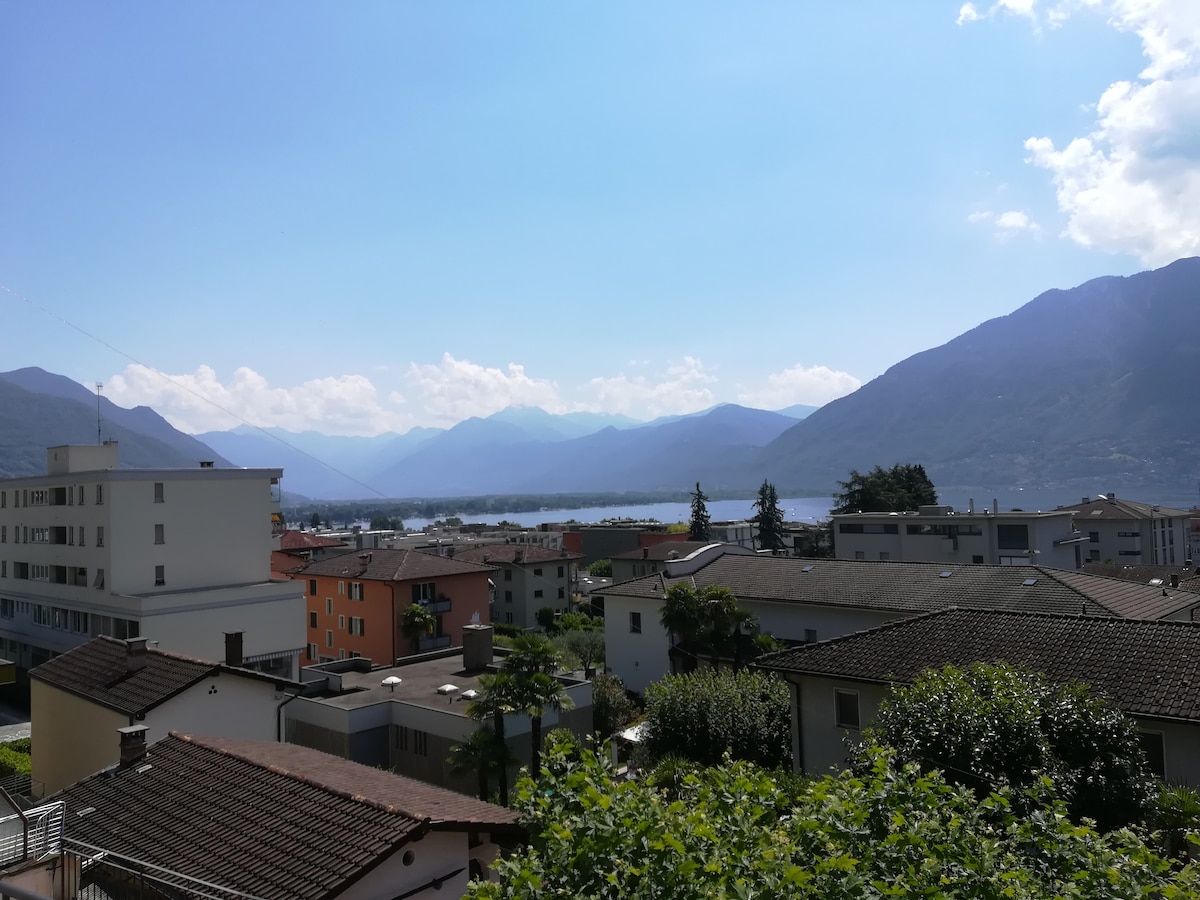 A panoramic view showcases the tranquil lake, surrounded by mountains under a clear blue sky. The foreground includes rooftops and greenery, while various buildings are visible in the town below. The serene landscape emphasizes the natural beauty of the location.