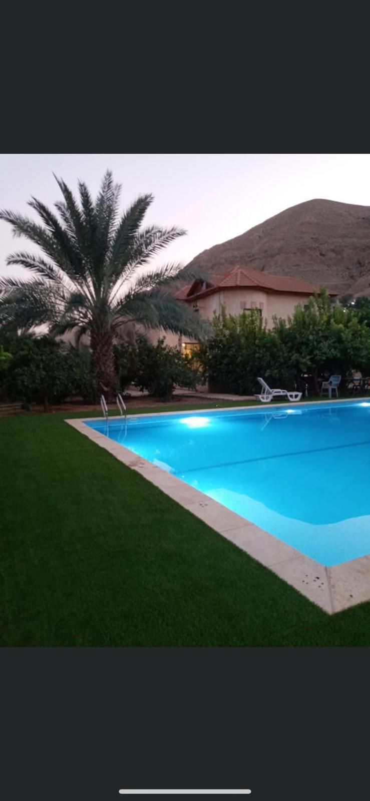 A clear swimming pool is surrounded by lush greenery and palm trees, creating a relaxing outdoor space. Soft lawn grass borders the pool area, with a few lounge chairs positioned nearby. The backdrop features a mountain and a structure with a peaked roof.