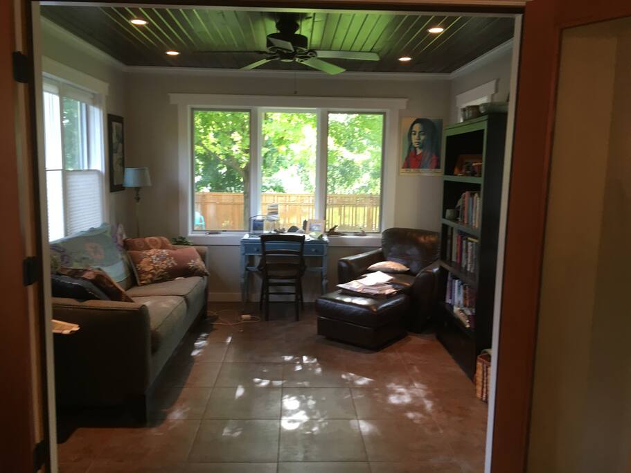 Den with heated flooring