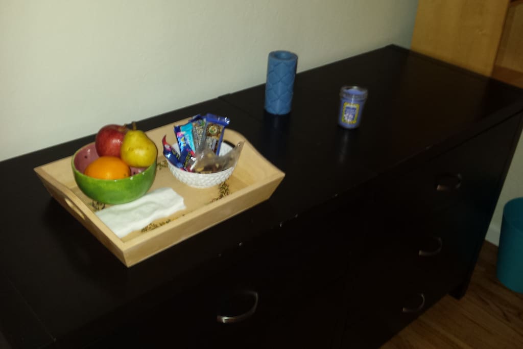 Snacks and dresser (there's also a large closet)