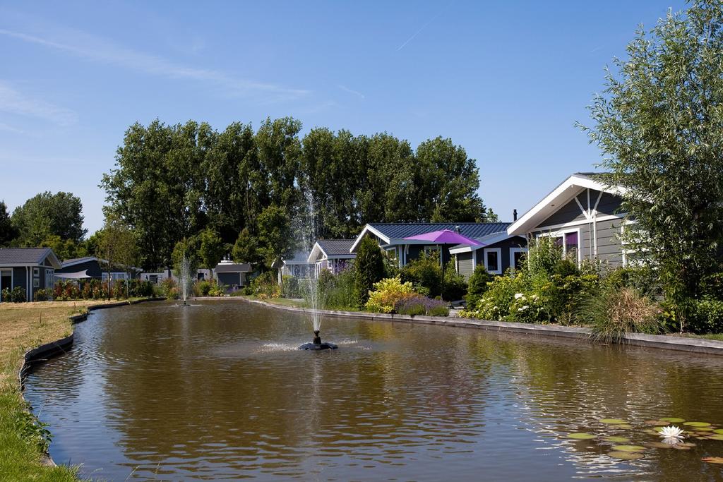 A serene pond occupies the foreground, featuring two decorative fountains that create gentle water sprays. Lush greenery lines the banks, while several chalets are visible in the background, showcasing varied roof designs and colors under a clear blue sky.