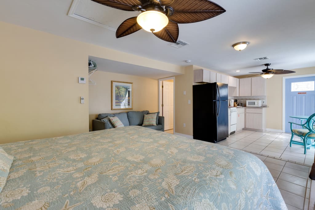 Studio Cottage has a full kitchen, king bed, sofa sleeper, free wifi, and parking for one car.