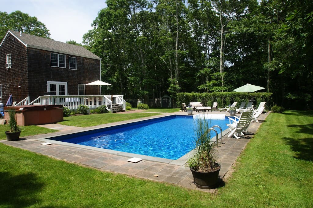 Sunny pool and hot tub