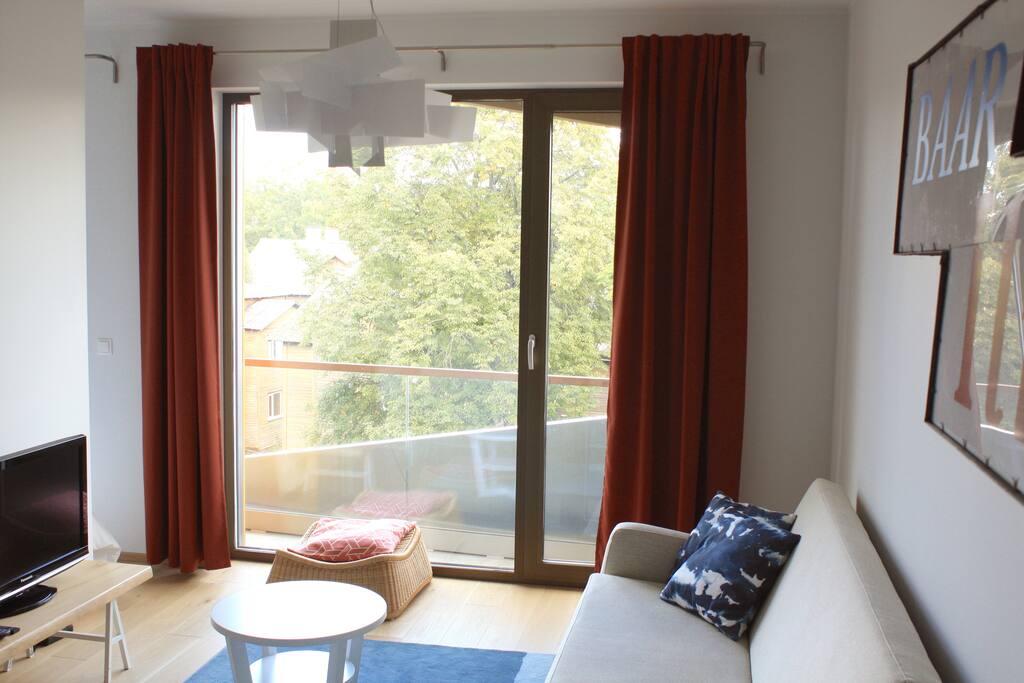 Living room with comfortable couch, flat screen television and a green view