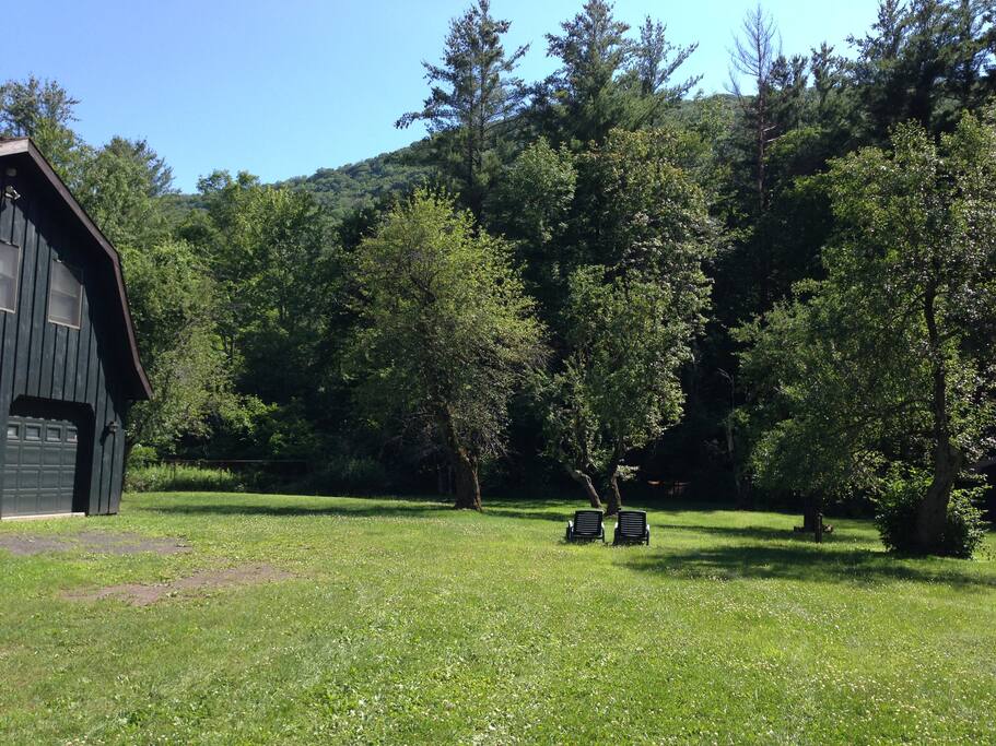 Expansive back yard with mountains at edge of yard.