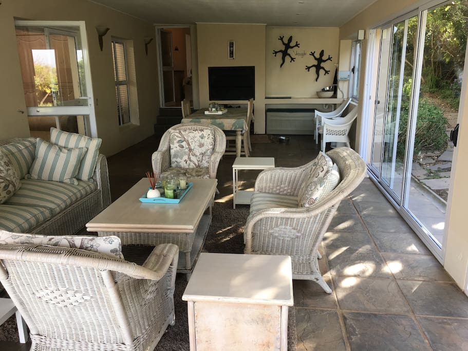 The stoep from the other side. The barbeque at the back is where we braai. Guests are welcome to use it.