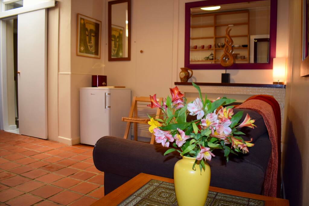 The traditional terracotta tiled floor