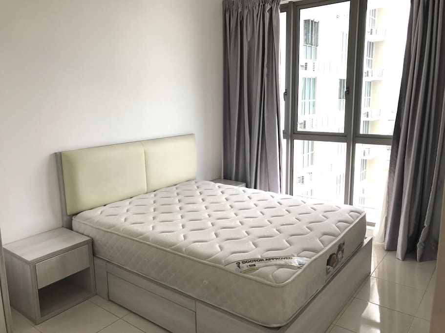 Q size bed (sheets are provided)