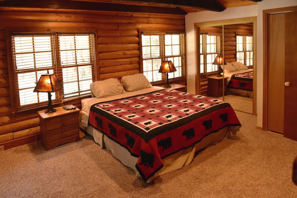 Large master bedroom with closet and its own fireplace.