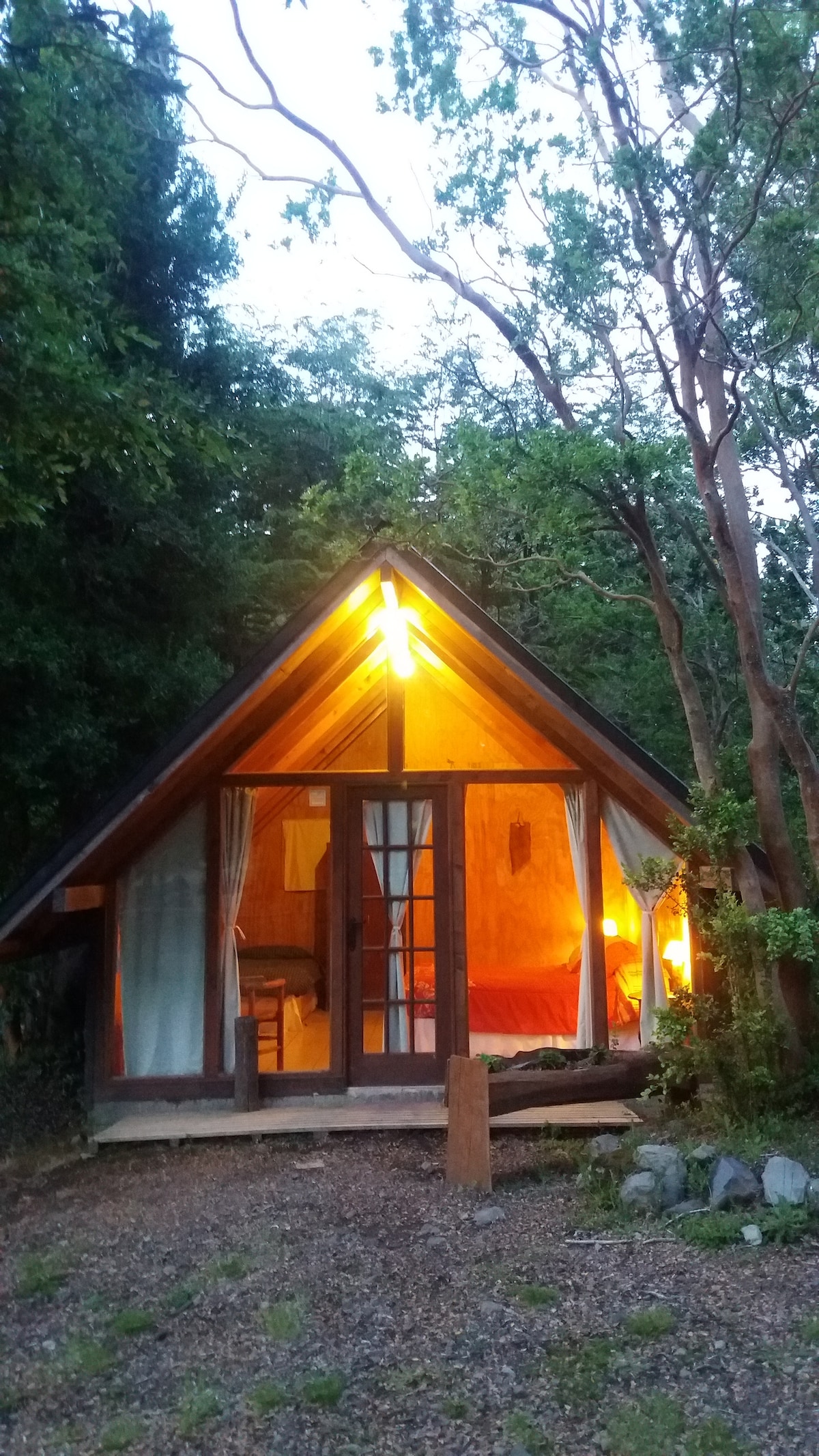 A charming cabin with a triangular roof is surrounded by trees. Warm light glows from within, highlighting the wooden structure and glass doors. A gravel pathway leads up to the entrance, framed by lush greenery and natural decor.