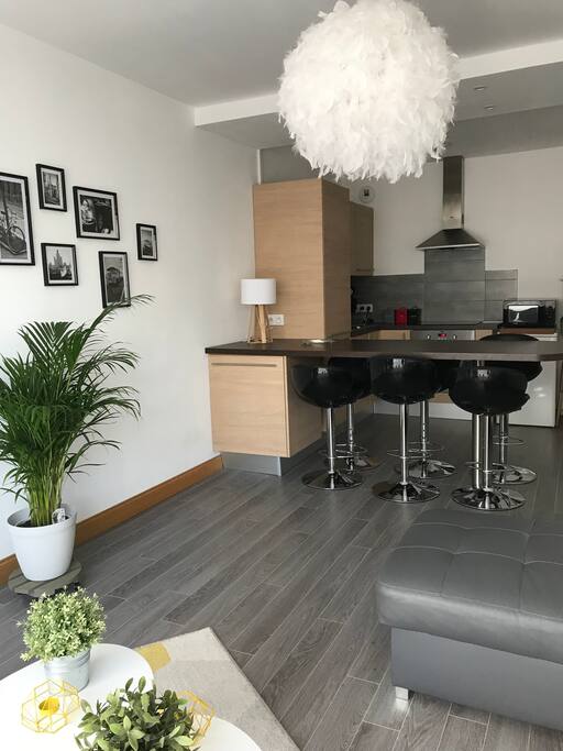 Vue du salon ouvert sur la cuisine