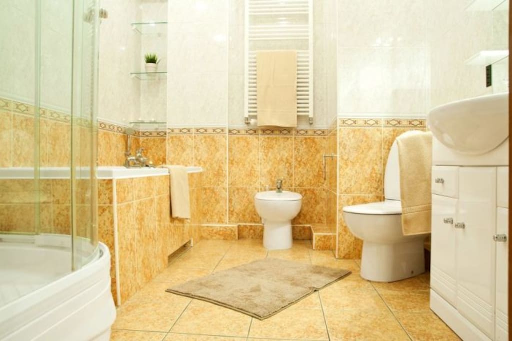 Bathroom with bathtub, shower, bidet and toilet.