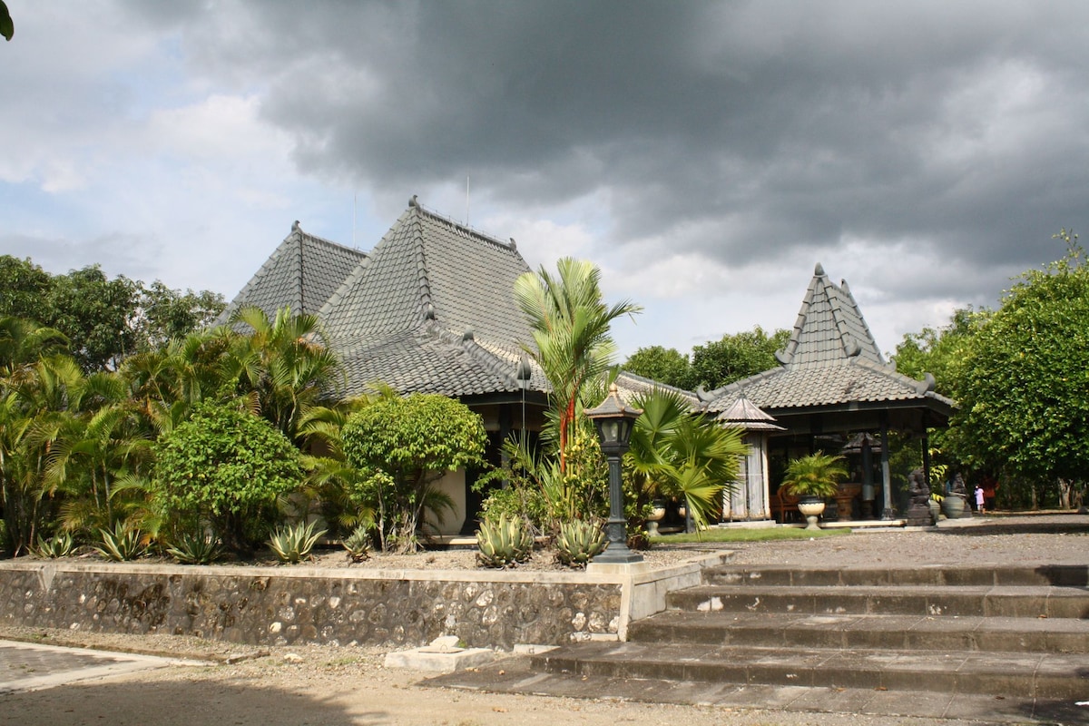 The exterior of a traditional structure is presented, featuring a unique roof design with multiple peaks. Lush greenery, including well-maintained hedges and palms, surrounds the building. A stone pathway leads to the entrance, with steps that elevate the view of the property amidst a cloudy sky.