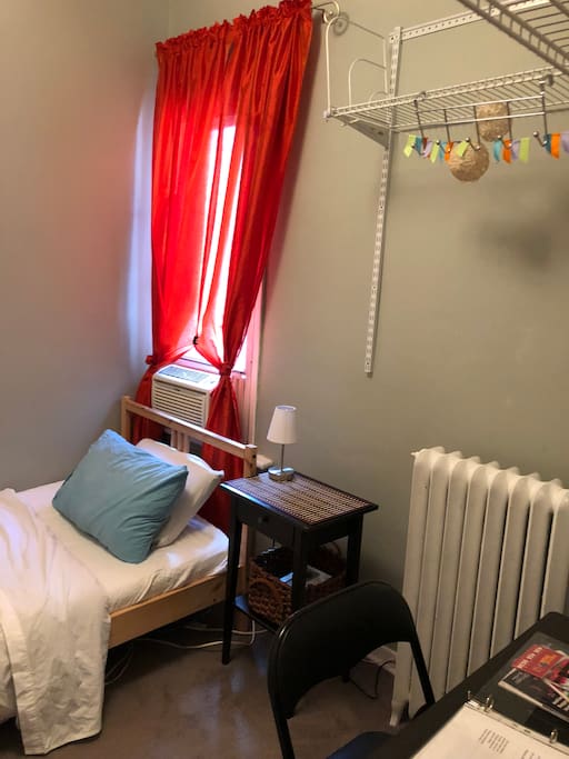 Cosy Second Floor Bedroom (Window, Air Conditioner, Radiator, Bed, Bedside Table, lamp, Shelves, Small Desk