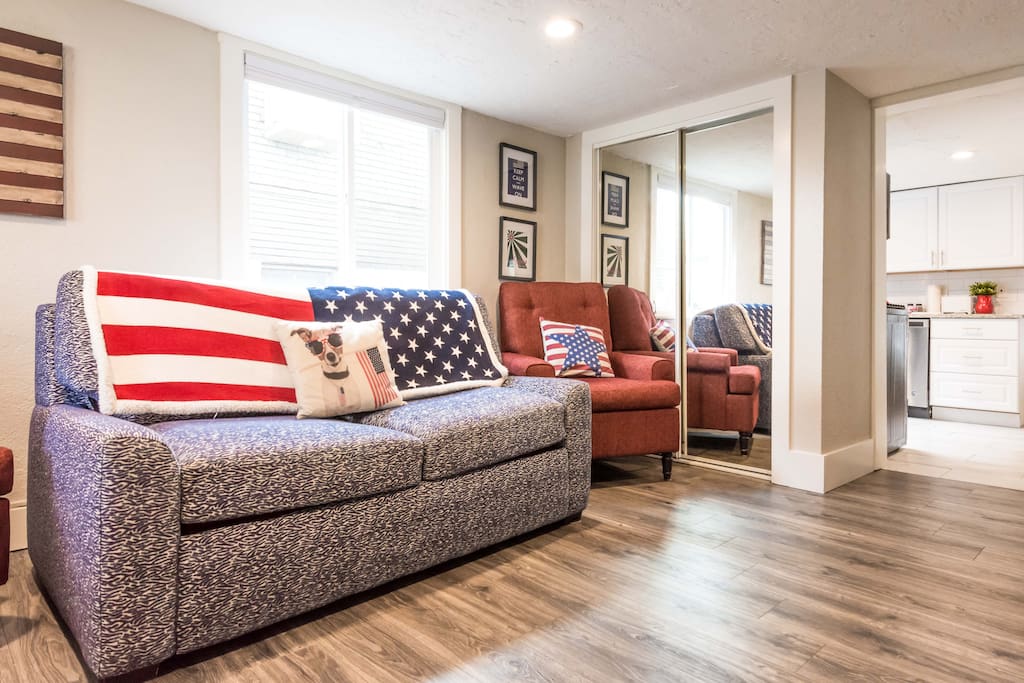 Welcome to the Patriot Pad! Pull out couch with sleepable memory foam mattress.