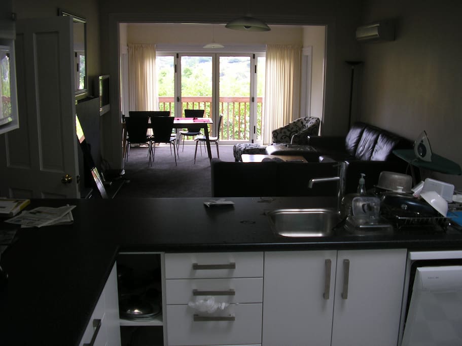 kitchen looking across the large living room