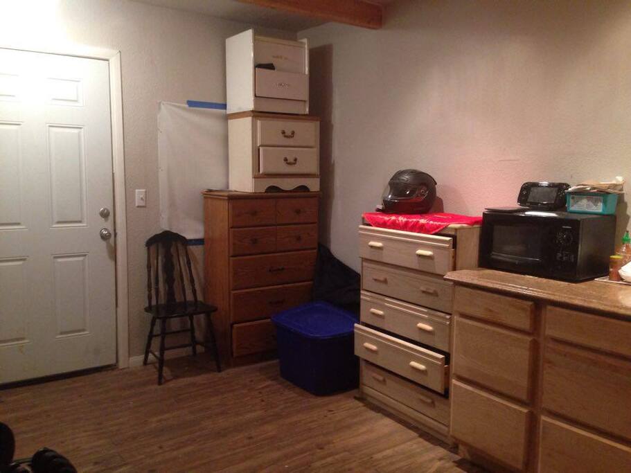 Back door Entrance into Studio. all Dressers will have items removed for your belongings.
