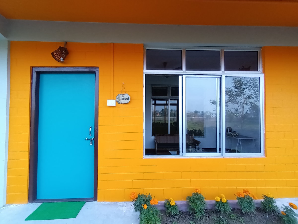 The exterior showcases a bright orange wall, contrasted by a vibrant turquoise door. Large windows allow natural light to fill the space, framed by a neat arrangement of marigold flowers in a garden bed. A welcoming entrance leads to the property.