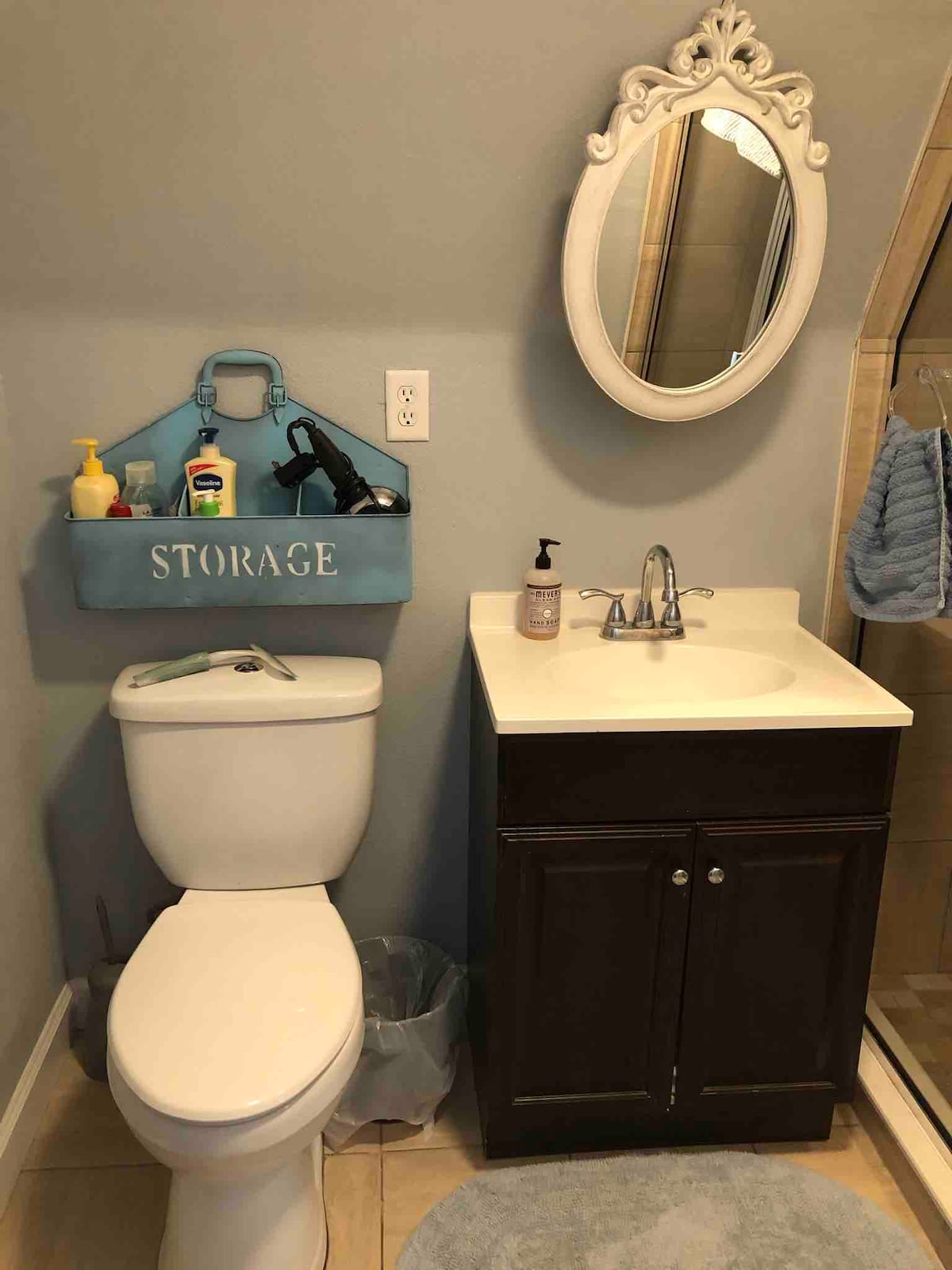 A compact bathroom features a wall-mounted storage organizer in blue, holding toiletries. A white toilet is positioned beside a dark wood vanity with a sink and a round mirror above it. A small wastebasket is placed next to the toilet, with bath essentials visible in the area.