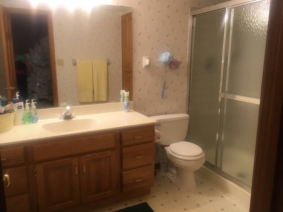 Large bathroom and shower.