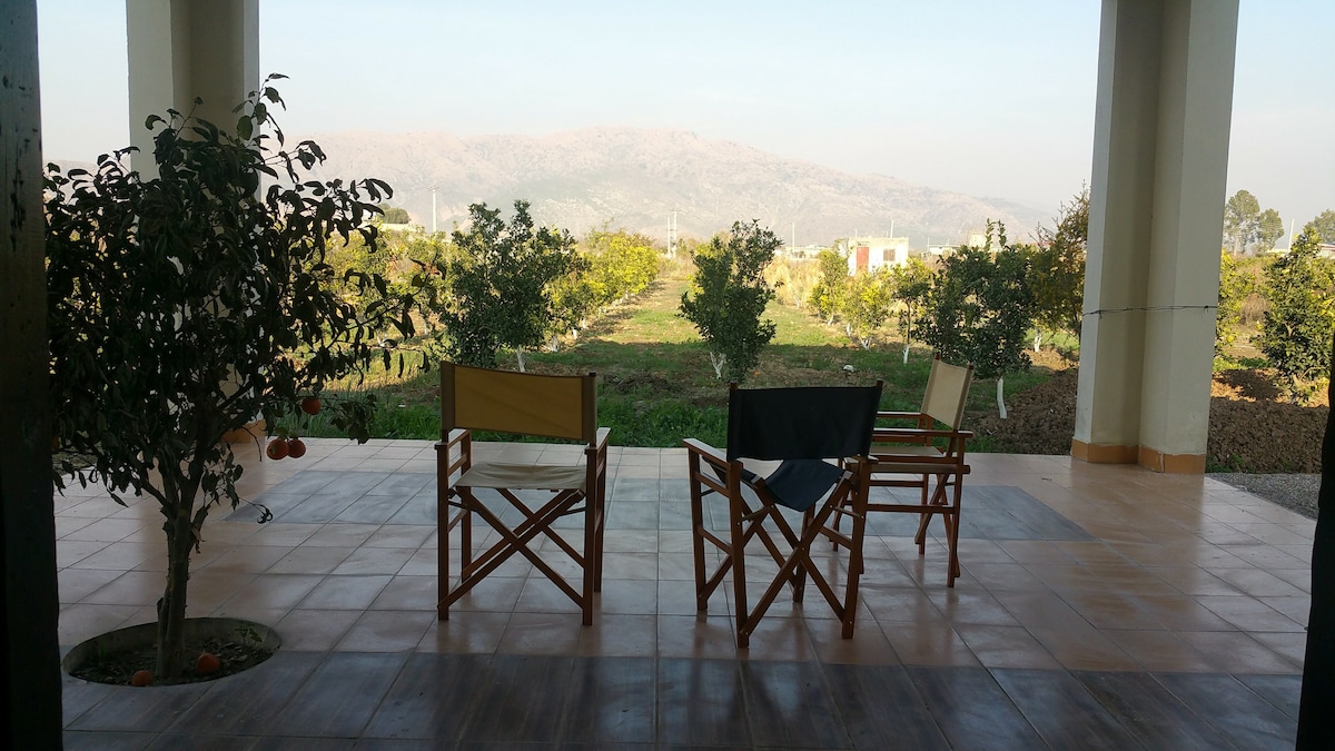 Two wooden folding chairs are positioned on a tiled patio, facing towards a scenic view of rolling hills and lush orange trees. The horizon is clear, revealing a tranquil outdoor space that invites relaxation and appreciation of the natural surroundings.