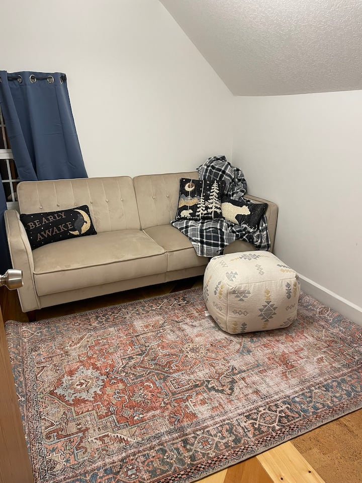 просторија за намена (на горниот кат) со телевизор со стап за пожар од Амазон. Каучот се склопува рамно до мал кревет со целосна големина. 