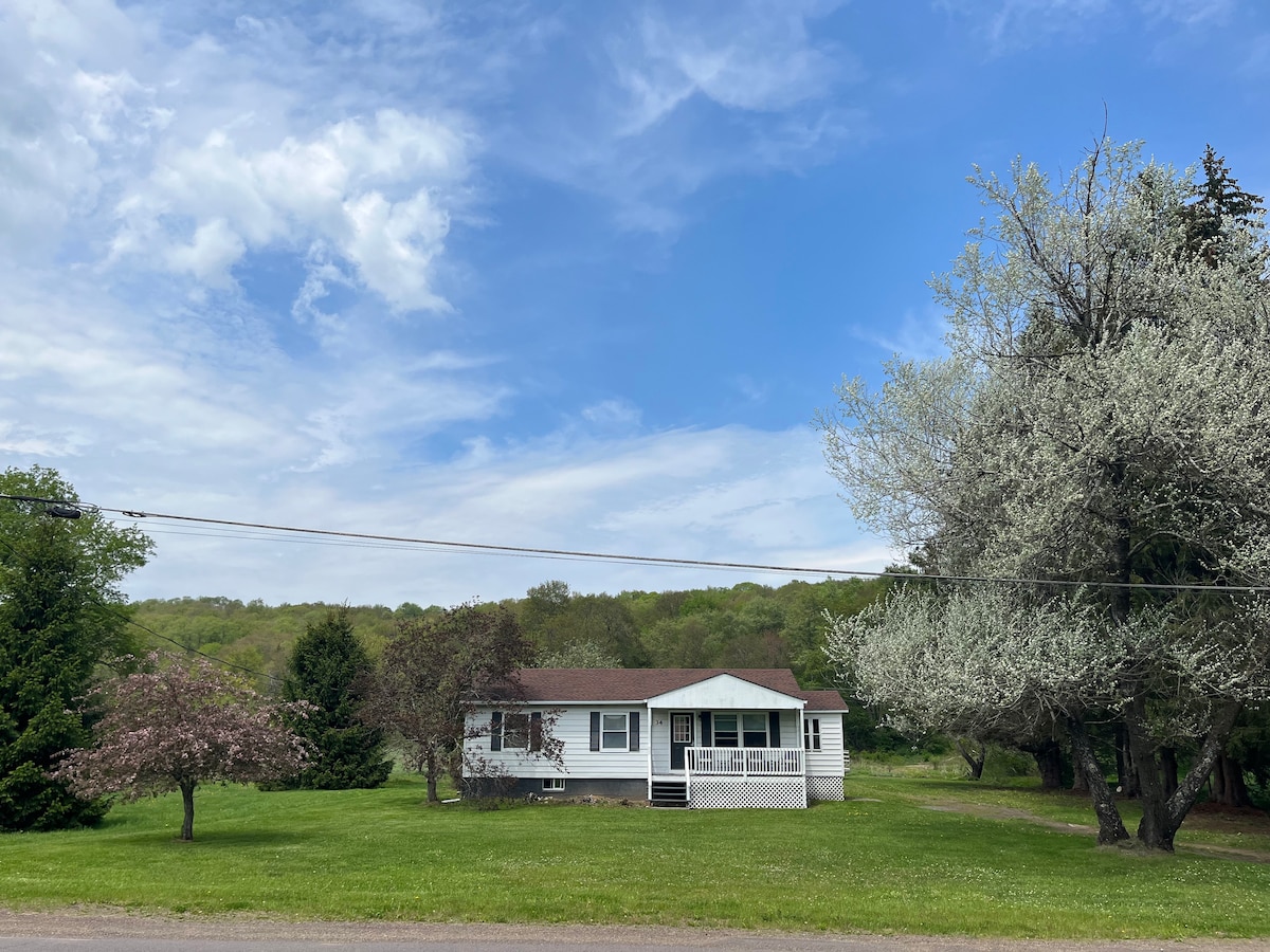 A single-story ranch-style home is set against a backdrop of green hills under a blue sky with scattered clouds. Lush greenery surrounds the property, with flowering trees in view. A covered porch extends across the front, inviting guests to enjoy the serene landscape.