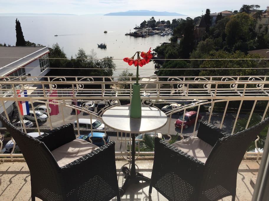 balcony with beautiful view on the beach and harbour.