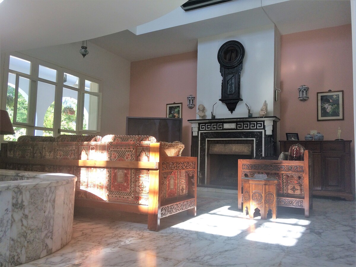 A bright and airy living area features marble flooring and large windows allowing natural light to fill the space. A decorative wooden fireplace creates a focal point, surrounded by intricately designed furniture. Soft textiles adorn the seating, creating a welcoming environment for relaxation.
