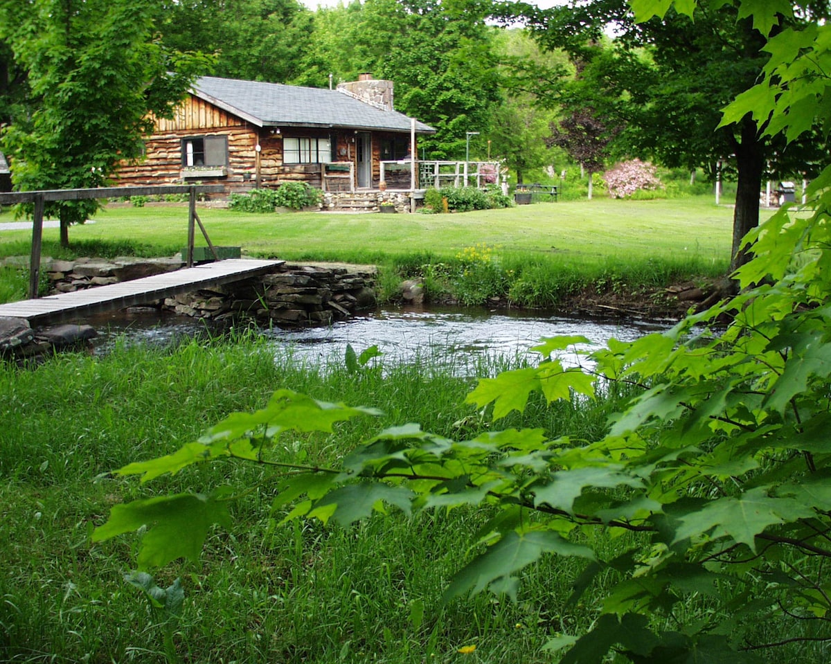A log cabin is situated on a lush green lawn surrounded by trees. A small wooden bridge crosses over a gently flowing stream, while vibrant foliage frames the scene. The cabin features a stone chimney and a porch, inviting outdoor exploration.