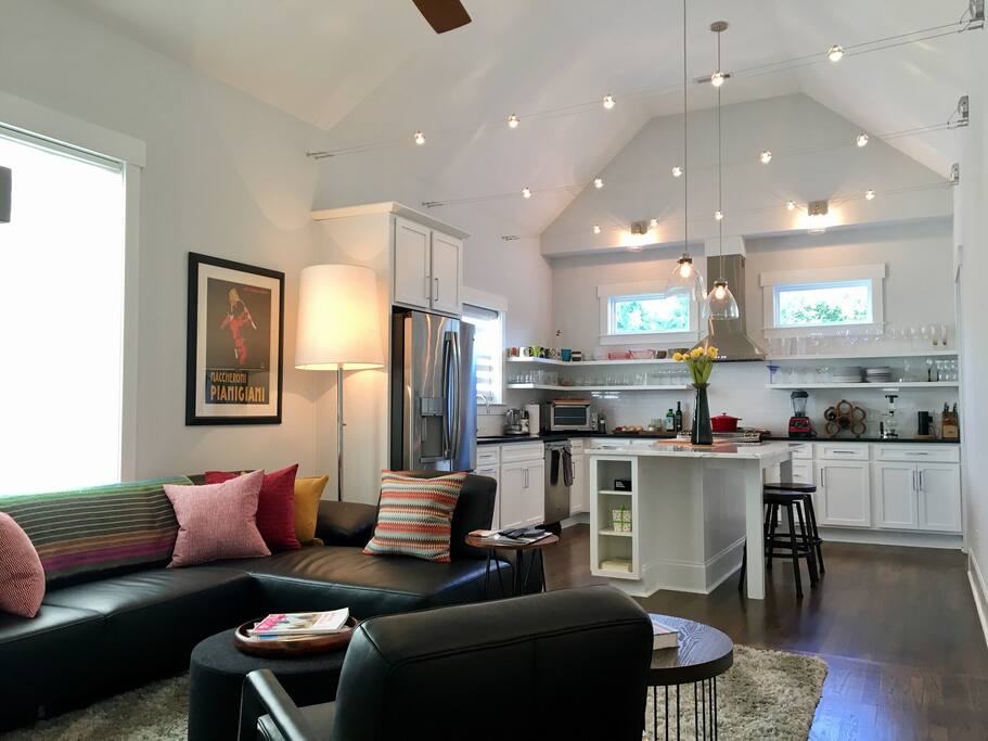 Abundant lighting fills the kitchen