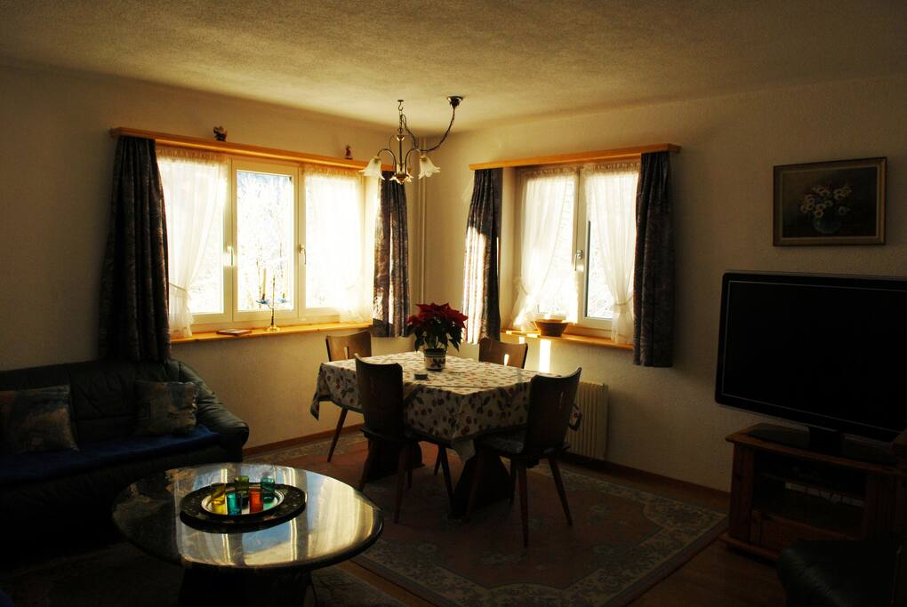 Blick ins Wohnzimmer mit Tisch und TV