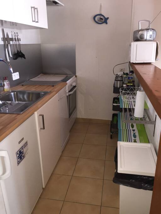 Cuisine équipée avec lave vaisselle, cuisinière induction, frigo, hotte, ustensiles...
