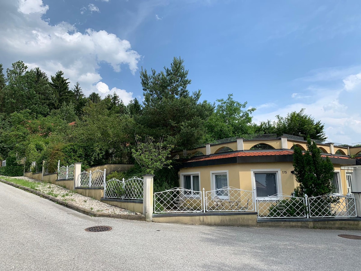 A charming, single-story building is situated at the edge of a tree-lined street. Lush greenery surrounds the property, while a decorative fence borders the front. Large windows allow ample natural light to illuminate the interior, contributing to a peaceful atmosphere.