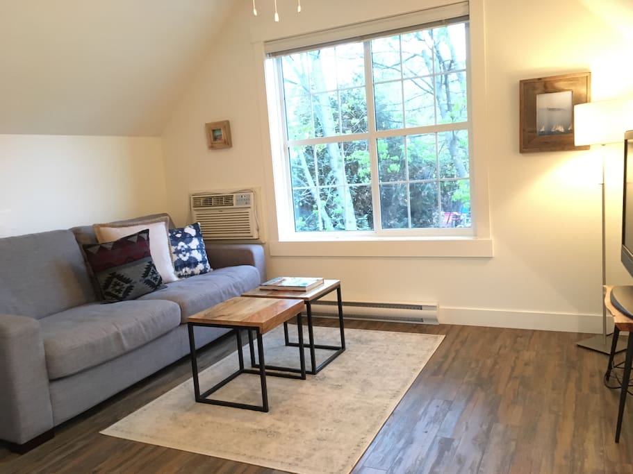 Features a bright and cozy living room with a hightop and two bar chairs, TV with cable, and a view of beautiful green maple leaves in the summer.