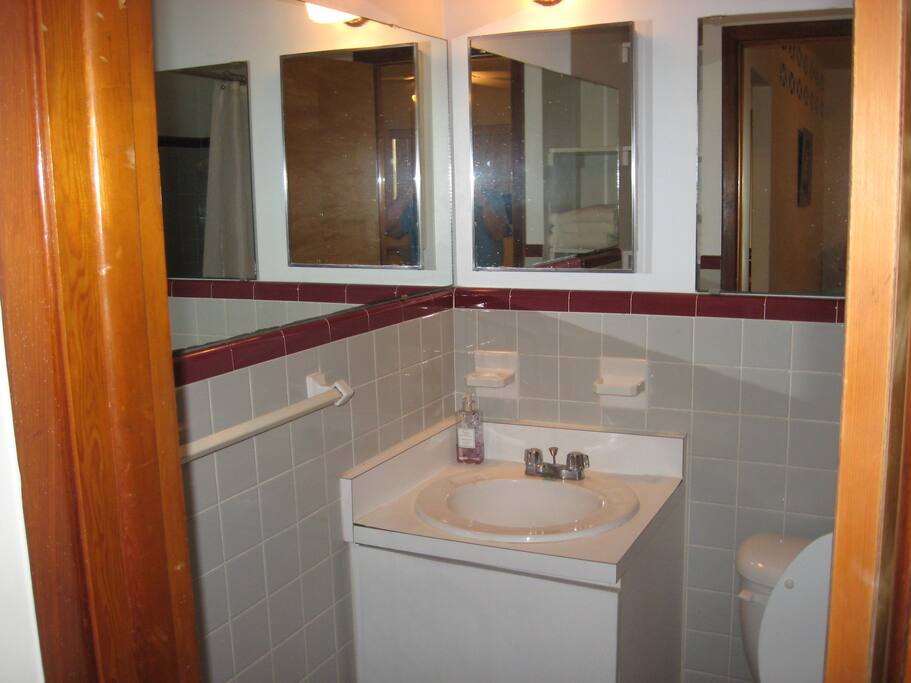 Bathroom vanity and mirrors on all walls. Not shown is tiled will around shower/tub. Also not shown is storage area in bathroom. (Couldn't get a good camera view).