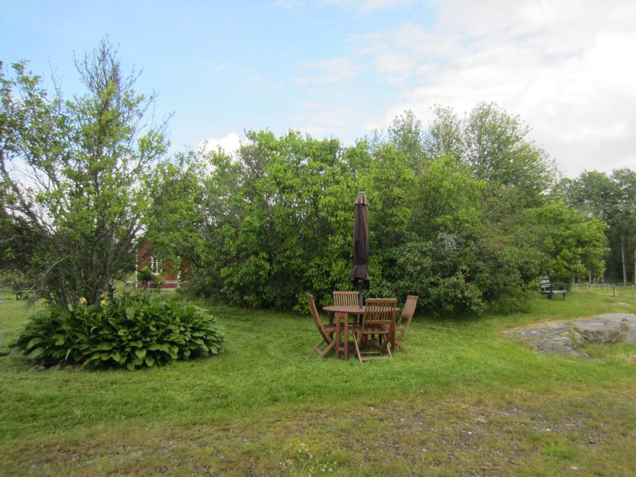 Garden with outdoor furniture and barbecue / Trädgård med stor gräsmatta, utemöbler och grill