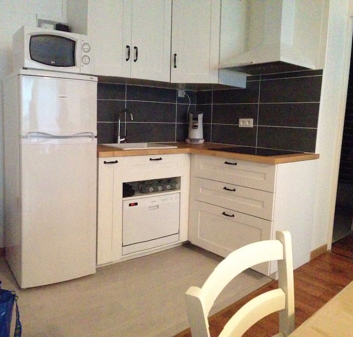 Cuisine équipée, plaque de cuisson, micro onde, four, lave vaisselle, cafetière et frigidaire-congélateur.
