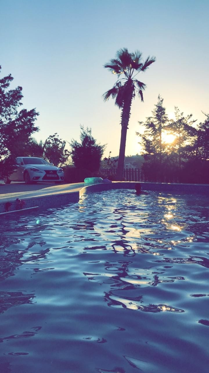 A swimming pool reflects the soft light of the setting sun, surrounded by palm trees and greenery. A vehicle is parked nearby, emphasizing the serene environment. Water ripples gently, creating an inviting atmosphere for relaxation.