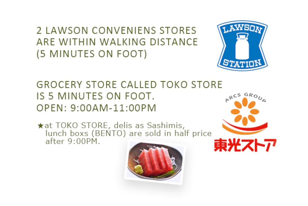 Lawson convenience stores and grocery store TOKO STORE are within walking distance
