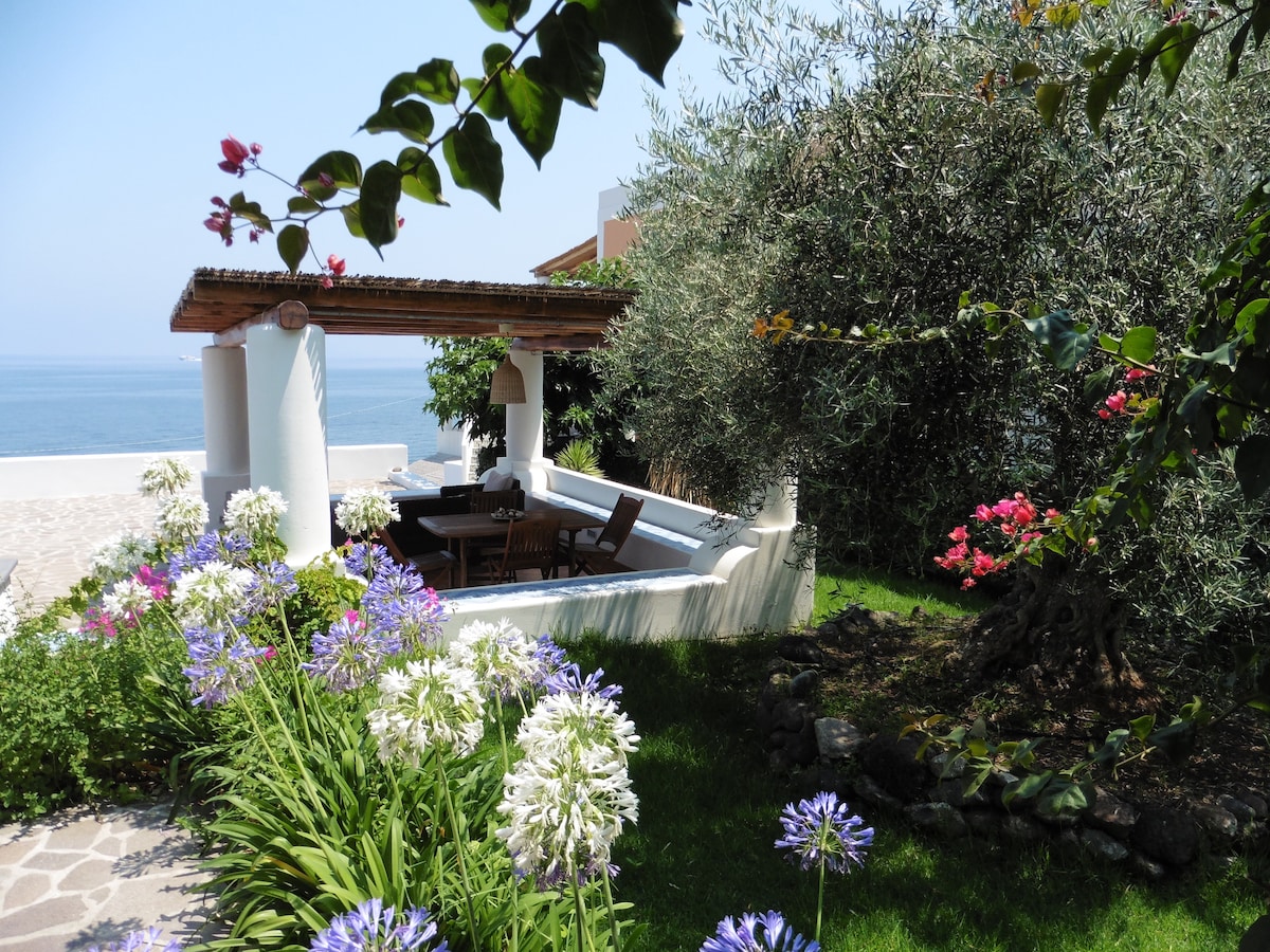 A serene outdoor area is surrounded by lush greenery and colorful flowers. A shaded gazebo with wooden furniture is positioned near the edge, offering a view of the sea. Olive trees and flowering plants add to the tranquil ambiance of this inviting space.