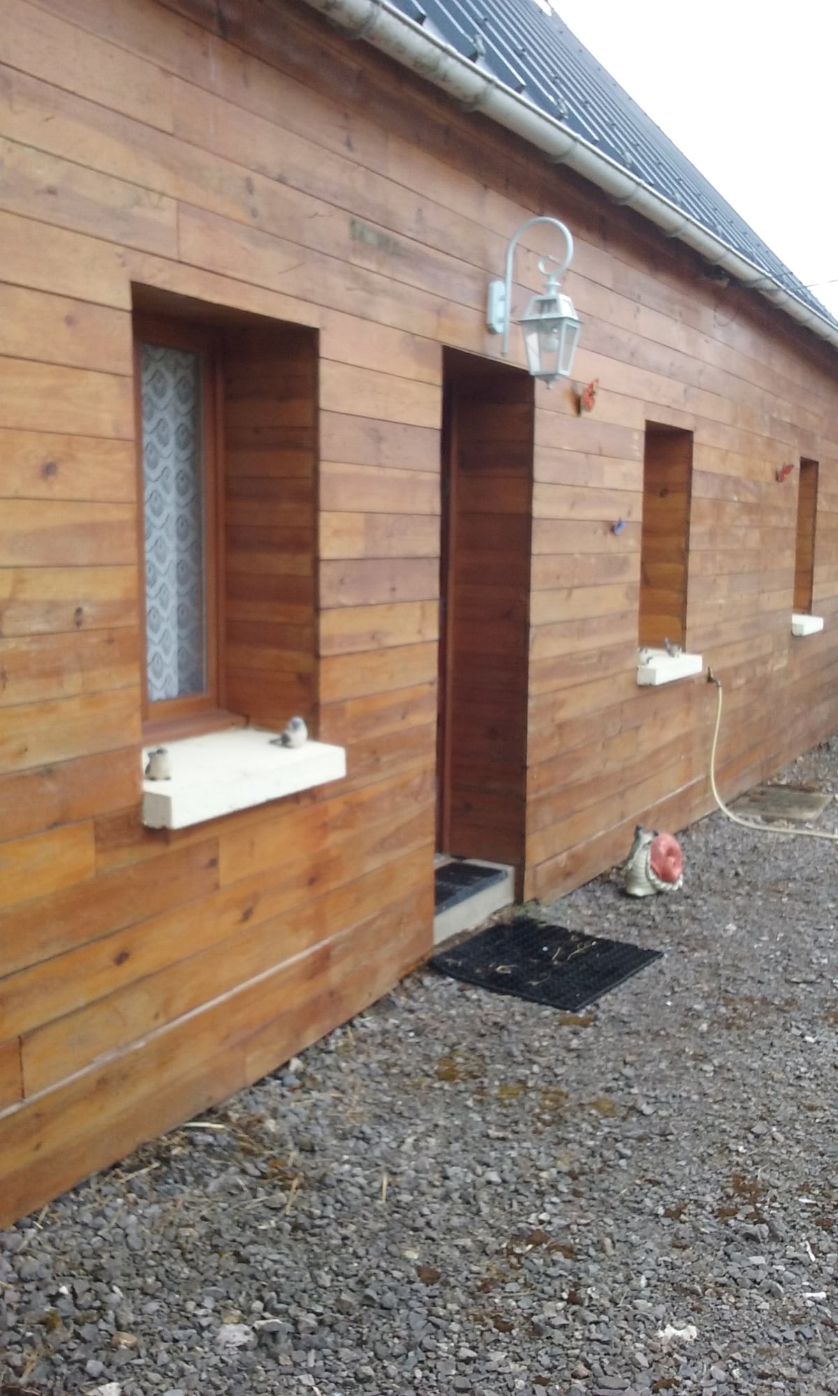 The exterior of a wooden cottage is shown, featuring a series of smaller windows and two entrances. The wood is stained, giving a rustic appearance. Decorative elements, like a lantern and small statues, add character. A gravel area surrounds the building, enhancing the natural setting.