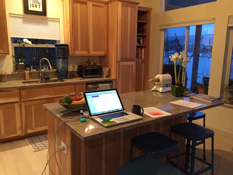 large gourmet kitchen with river views