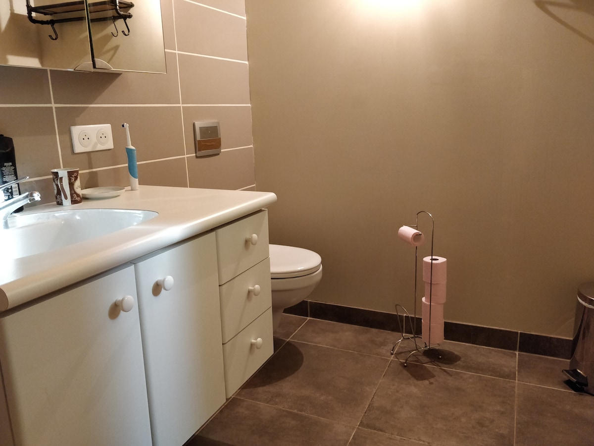 A clean bathroom is featured with light-colored cabinetry and a countertop. A mirror is mounted above the sink, which is positioned alongside a modern toilet. Bathroom essentials, including a toilet paper holder and a waste bin, are visible on the tiled floor.