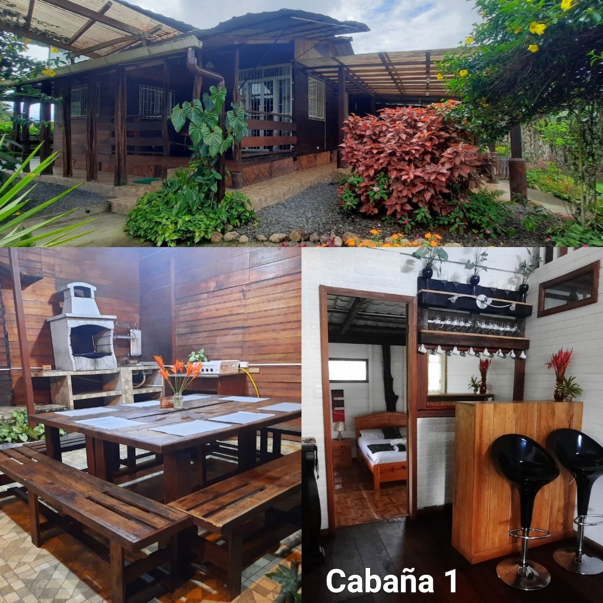 The image displays a rustic cabin with wooden walls surrounded by lush greenery. An outdoor dining area features a large table and built-in BBQ. Inside, a compact sitting area offers sleek black chairs, while a cozy sleeping area includes a bed, highlighting natural materials and warm tones.