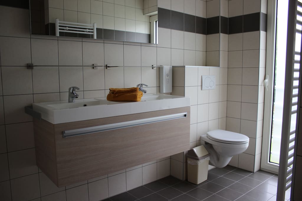 Badkamer met dubbele lavabo, toilet en inloopdouche.