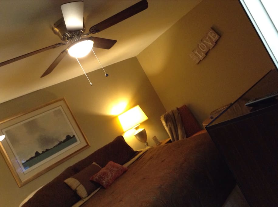 Ceiling fan ... calm ambience, this home is very quiet there's no small children living here or pets or any kind of laud noise except when it rains or thunderstorms but since is located in basement is pretty quiet.