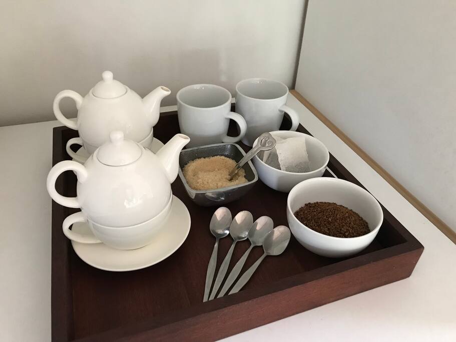 Kettle with coffee and tea available in main bedroom