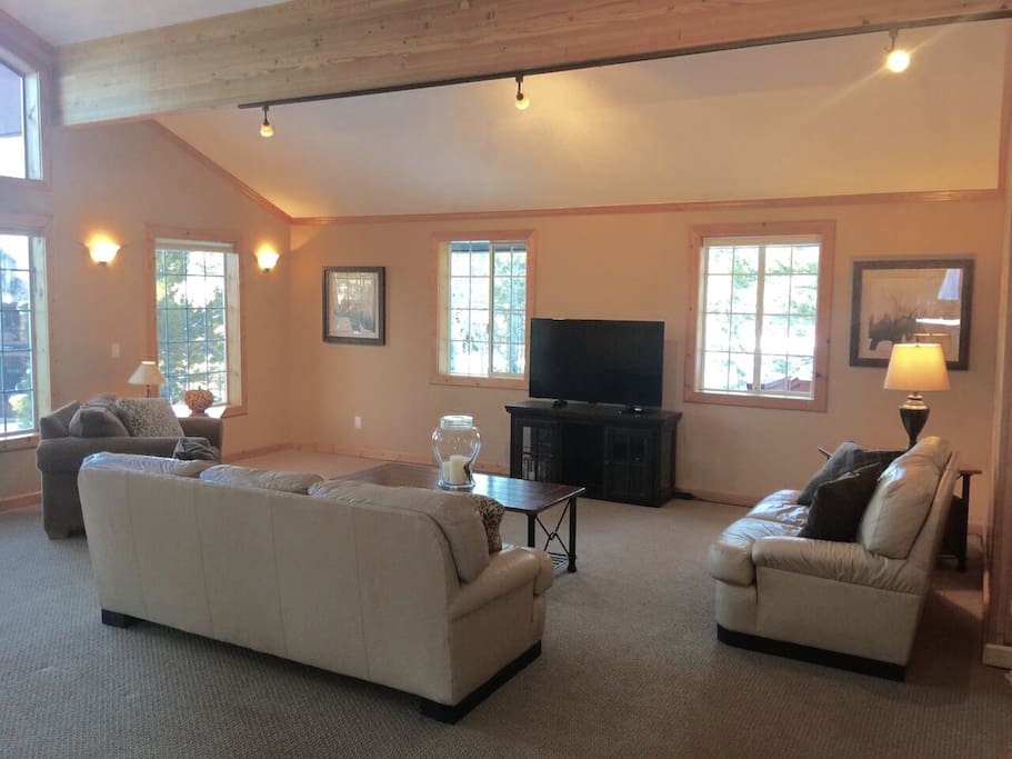 Family Room centered around 50" Smart TV with cable